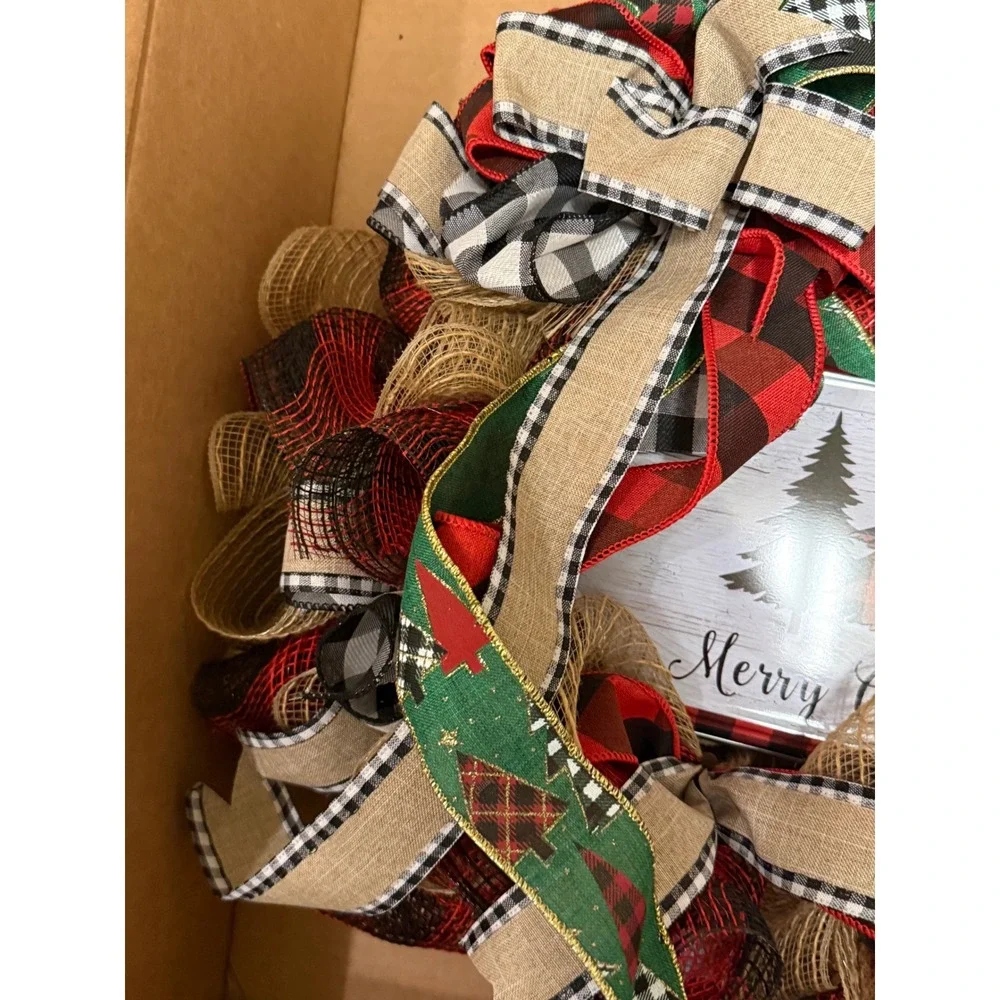 Handmade Christmas Deco Mesh Wreath Merry Christmas Buffalo Plaid Rustic Decor